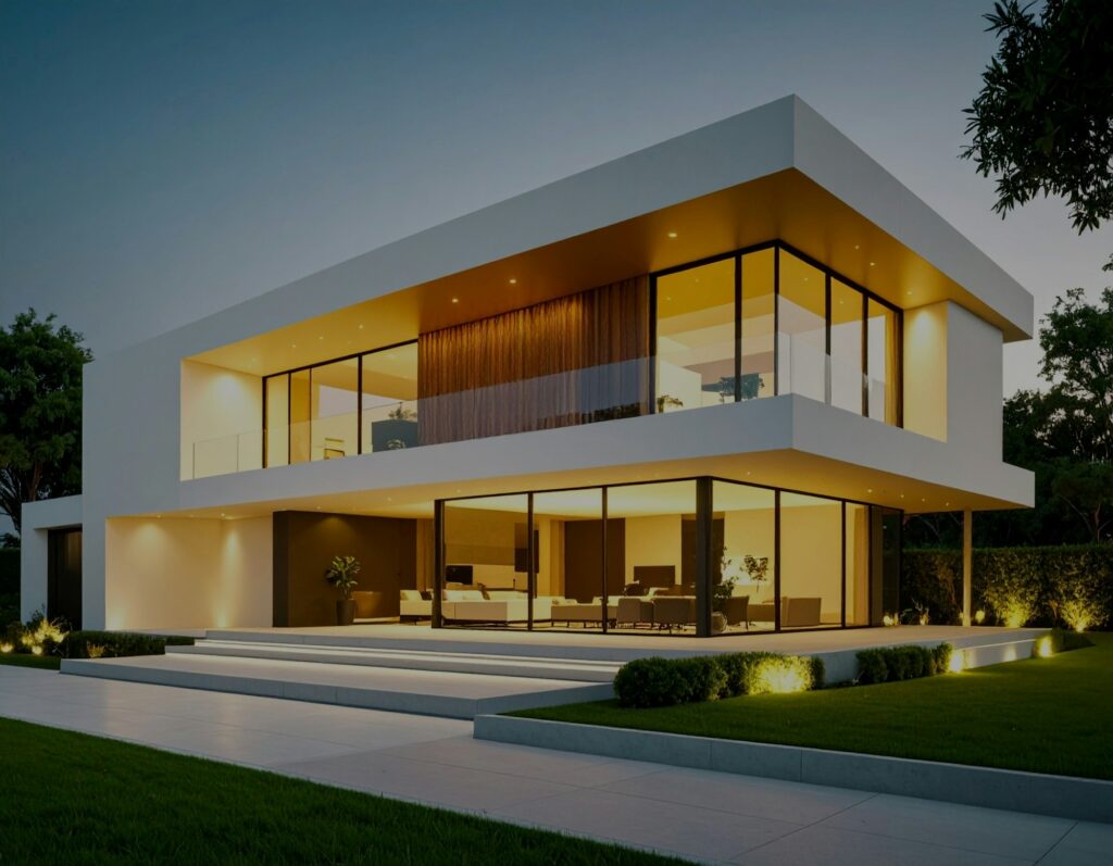 Modern house exterior lit at dusk