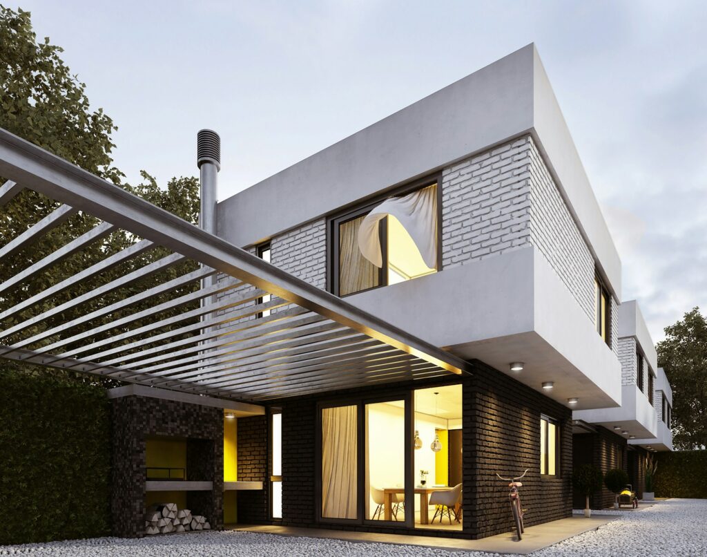 Modern brick house with pergola