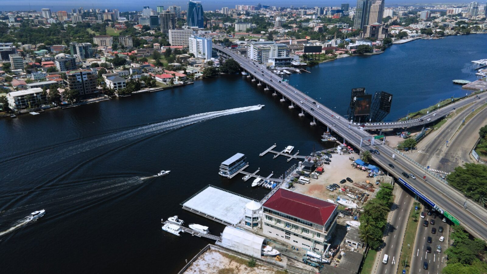 Aerial view of Victoria Island and the Lagos lagoon